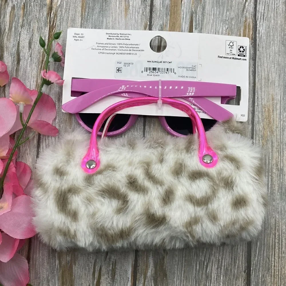 Girls Fun Summer Sunglasses With Kitty Cat & Bear Faux Fur Carrying Cases